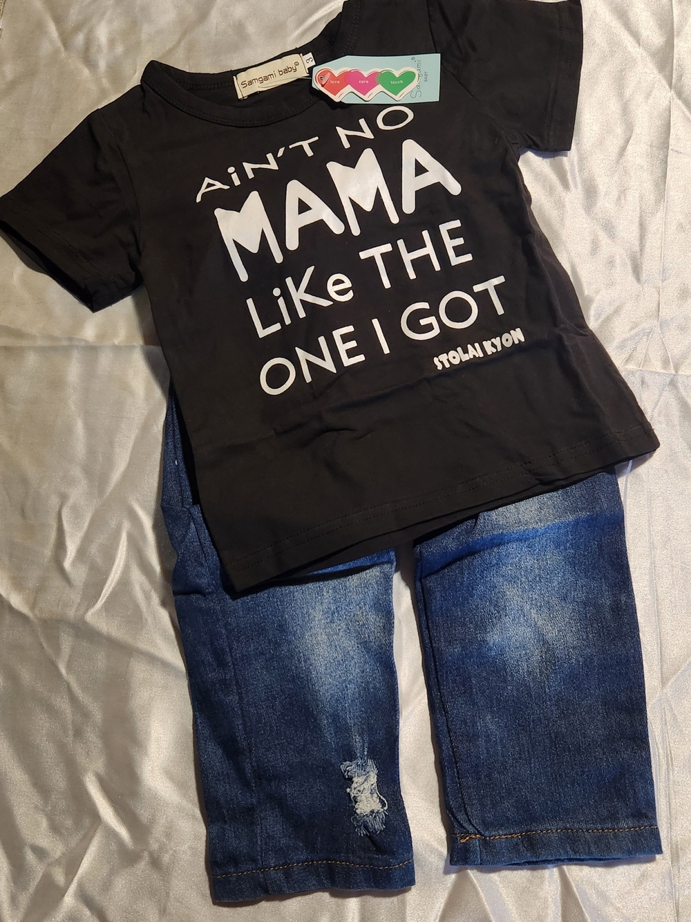 Kids Black Graphic Tee and Blue Denim Bottoms Set